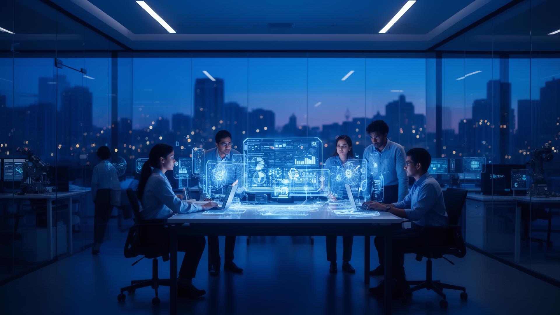 Modern India Global Capability Center engineering floor with holographic dashboards