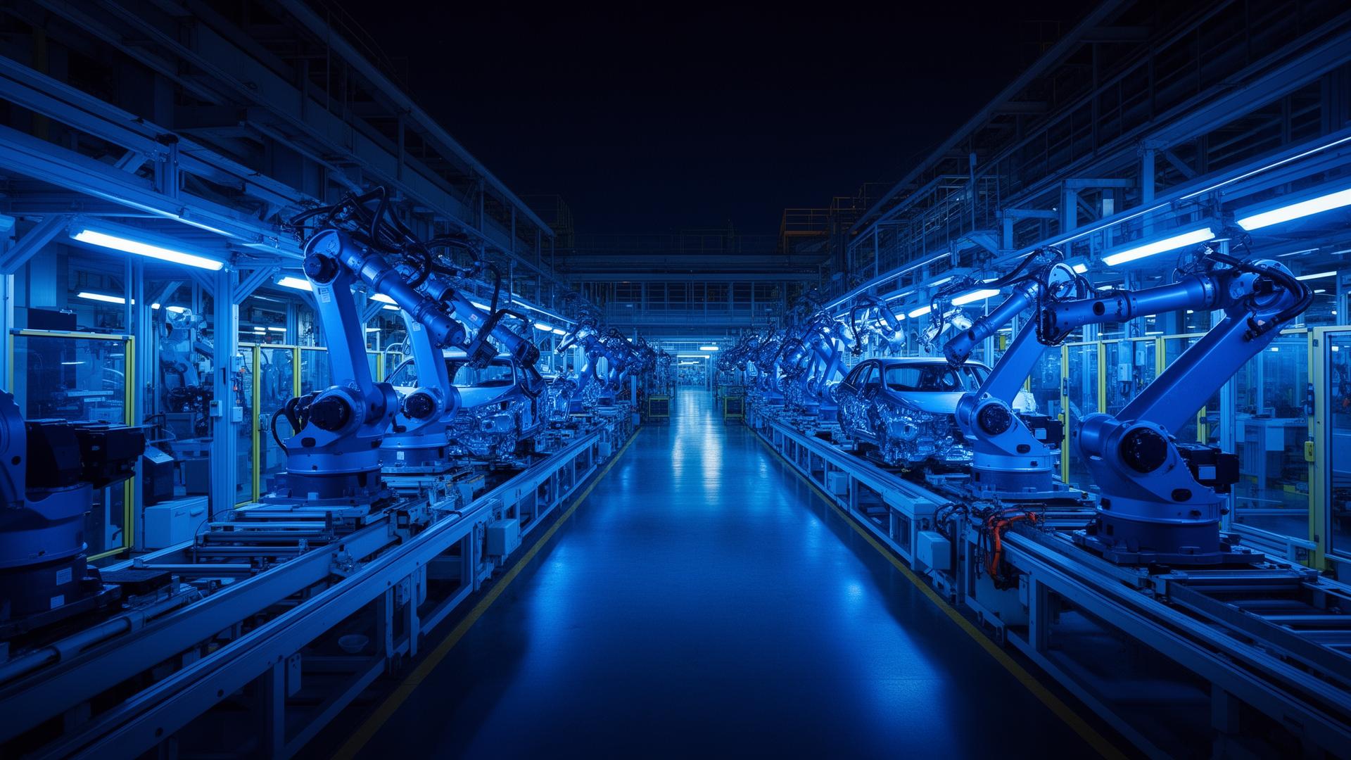 Smart factory robotics assembly line under blue lighting