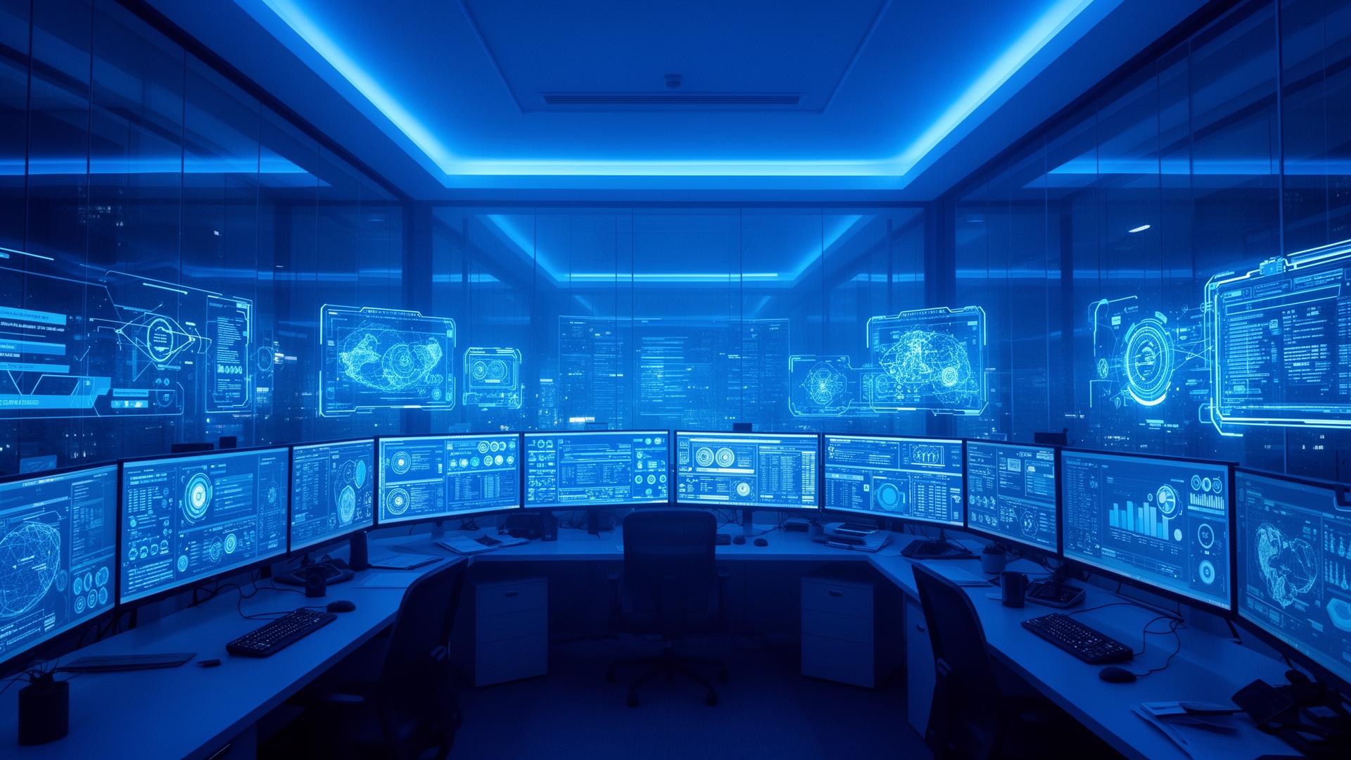 Enterprise operations command center with holographic dashboards