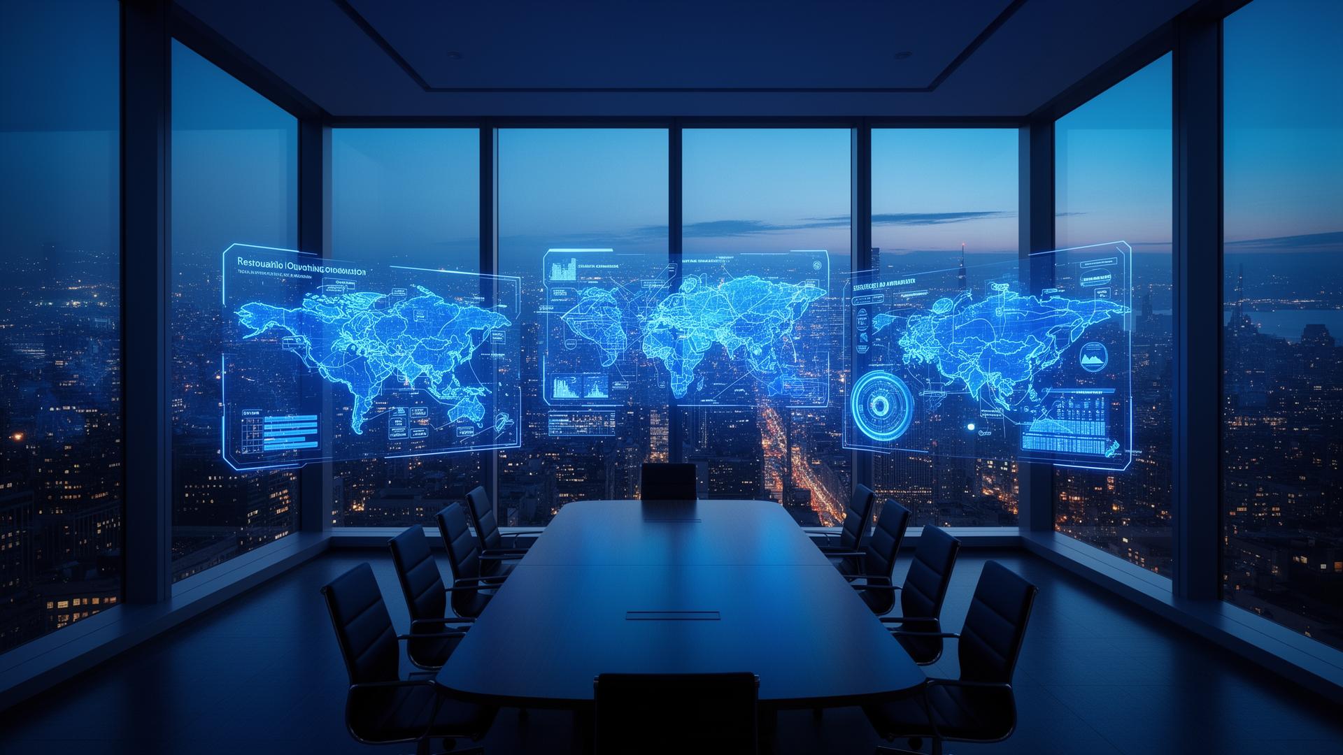 Executive boardroom overlooking city with holographic strategy maps