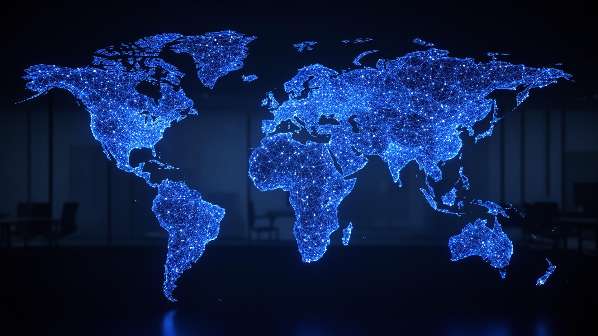 Global workforce world map with glowing connection nodes